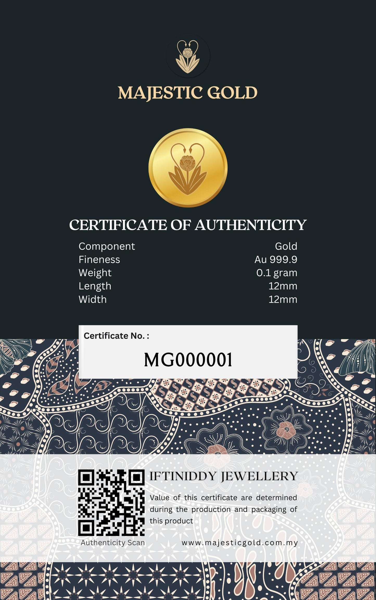 Majestic Gold Black Malam Batik Series Gold Bar 0.1gram Au 999