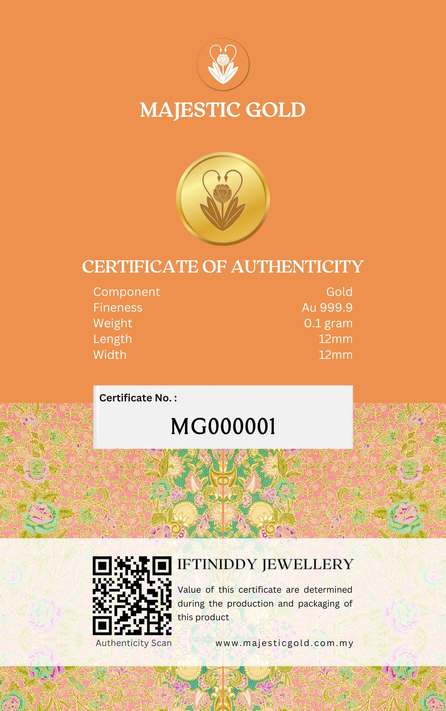 Majestic Gold Orange Rembulan Batik Series Gold Bar 0.1gram Au 999