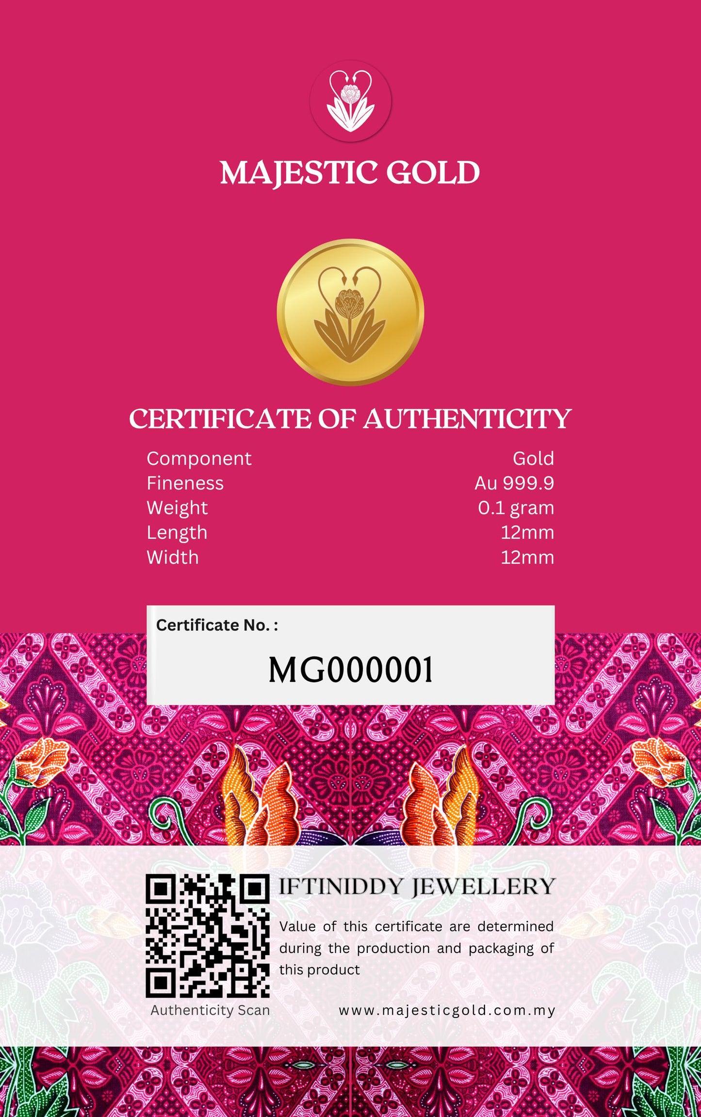 Majestic Gold Rose Senja Batik Series Gold Bar 0.1gram Au 999